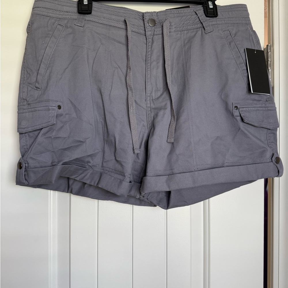 Gray Cargo Shorts with Flat Front and Rolled Hem
